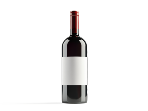 A premium wine bottle with white blank label for mock-up, deep red reflections, high-end advertisement lighting, white background. - Powered by Adobe
