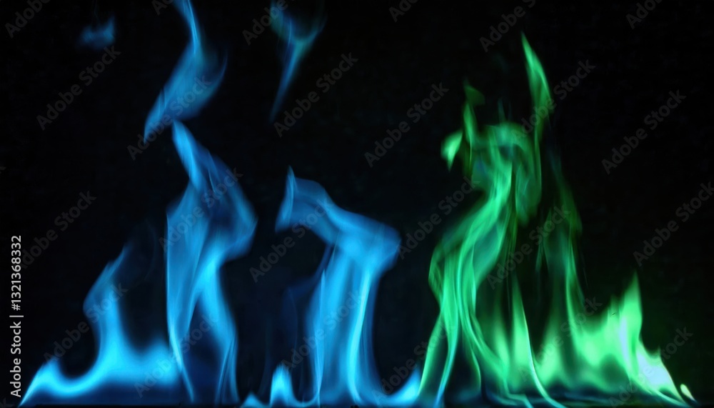 Poster ethereal blue and green flames dancing against a dark background, creating a surreal and mystical fi