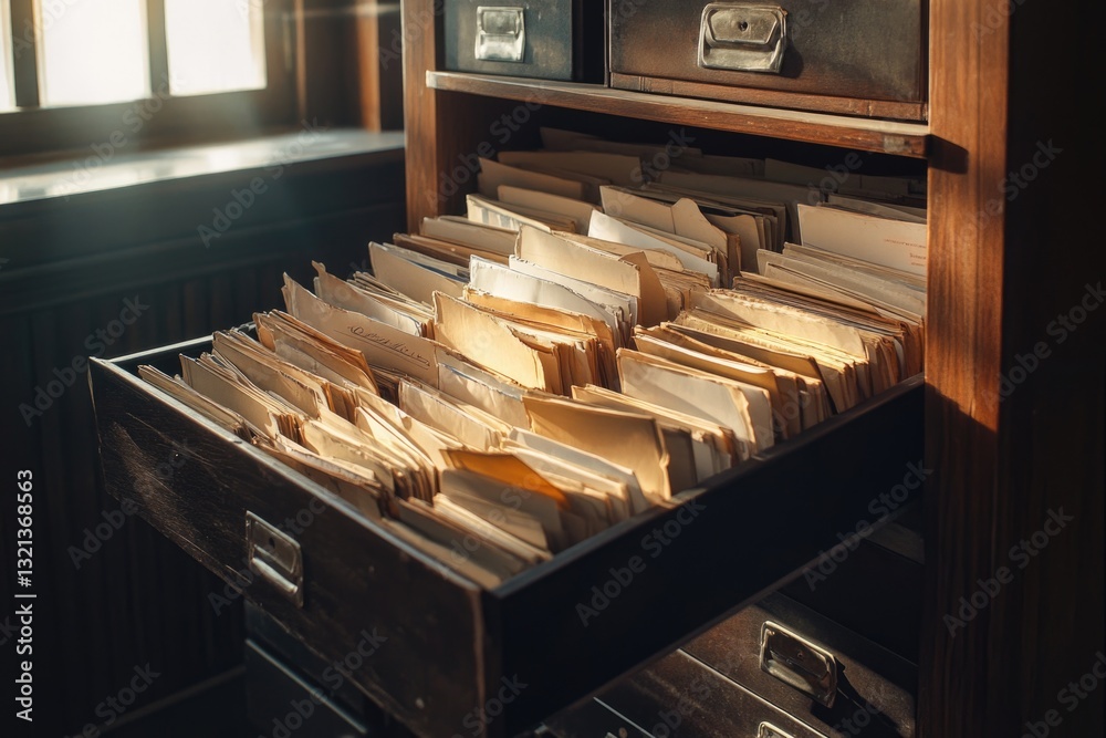 Aufkleber a wooden drawer filled with various files and papers next to a window