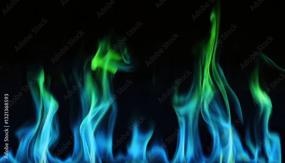 Poster ethereal blue and green flames dancing against a dark background, creating a surreal and mystical fi