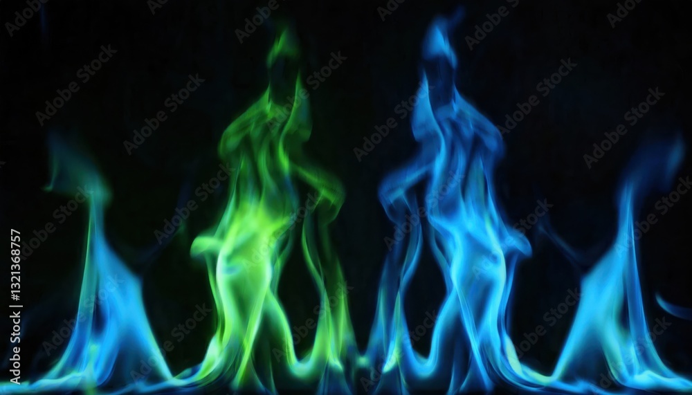 Poster ethereal blue and green flames dancing against a dark background, creating a surreal and mystical fi