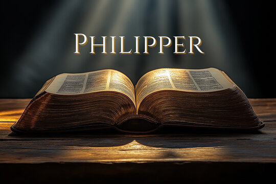 Book of Philipper in german words: Open Bible on Wooden Table with Soft Lighting and dark background. Book of the New Testament - Powered by Adobe