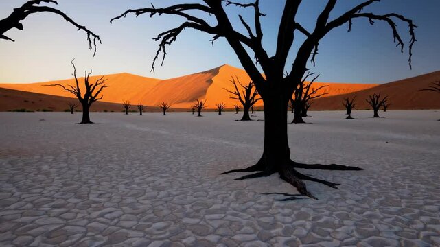 Stunning sunrise light changes over the iconic dead trees of Deadvlei in Namib-Naukluft National Park, Namibia