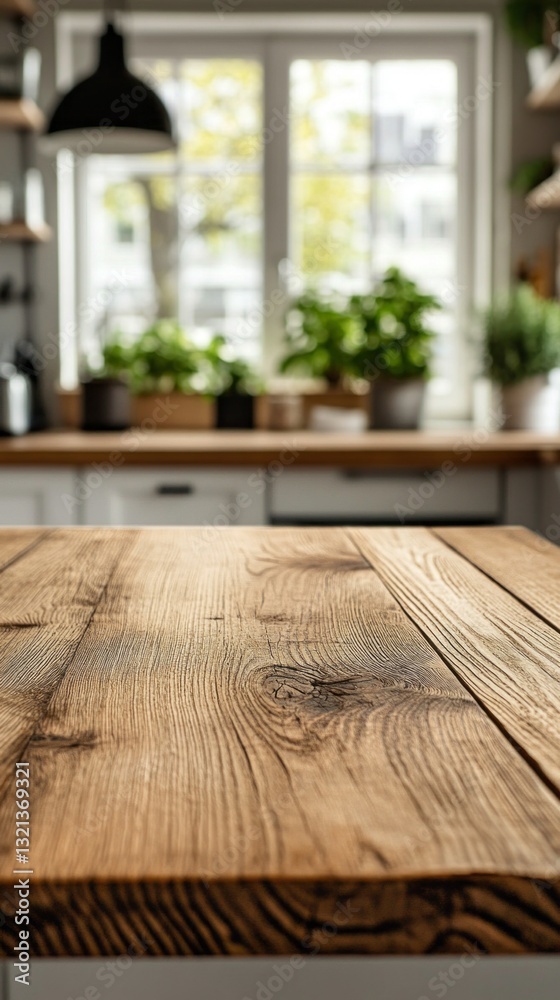 Poster warm hues of a rustic wood table top create an inviting atmosphere in a softly blurred kitchen. lush