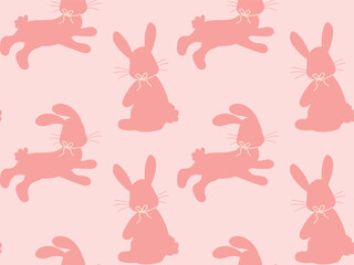 Seamless pattern with silhouettes of cute pink Easter bunnies in different poses