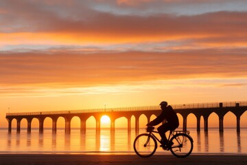 Fototapeta premium Bicyclist enjoys sunset ride along the waterfront with pier in view at tranquil seaside location