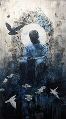 Obraz premium Solitude and Contemplation: A Figure Amidst Birds and Ruins