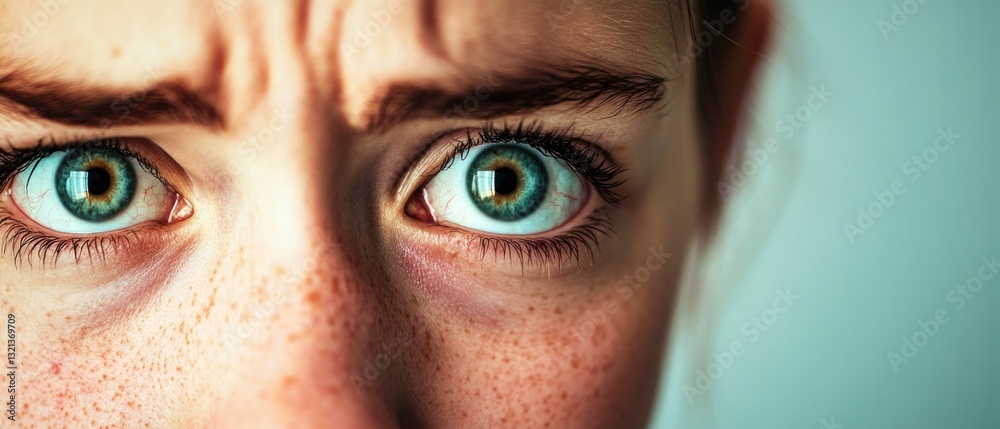 Poster a close-up shot of a person's eyes with distinctive freckles, suitable for use in portraits or beaut