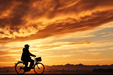 Fototapeta premium Silhouette of cyclist riding bicycle against vibrant sunset over mountains and city skyline