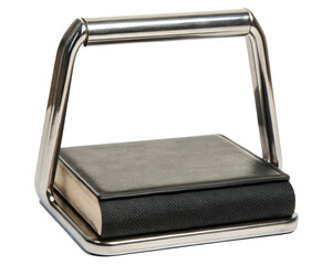 Metal book stand with carrying handle on a transparent background