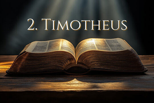 Book of 2. Timotheus in german words: Open Bible on Wooden Table with Soft Lighting and dark background. Book of the New Testament