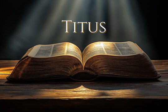 Book of Titus in german words: Open Bible on Wooden Table with Soft Lighting and dark background. Book of the New Testament - Powered by Adobe