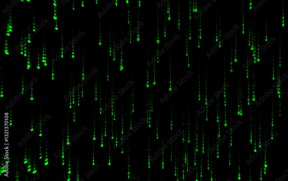 Poster glowing green binary code overlay on black background, digital data stream, futuristic matrix style,