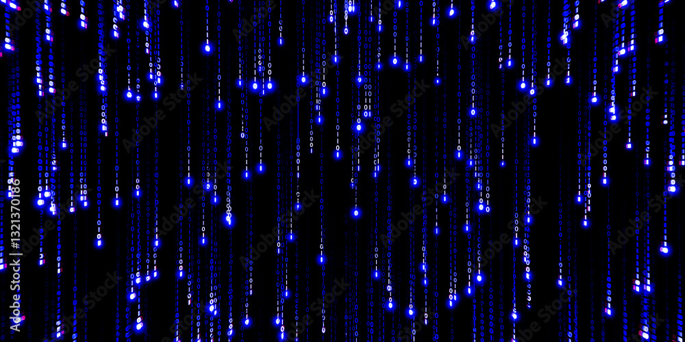Poster blue binary code on black background, digital data stream, futuristic technology, abstract cyber pat
