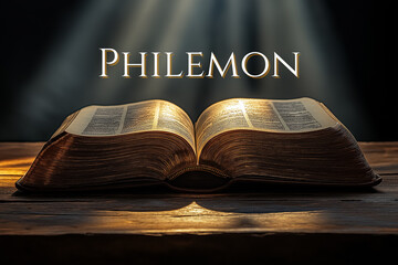 Book of Philemon in german words: Open Bible on Wooden Table with Soft Lighting and black background. Book of the New Testament