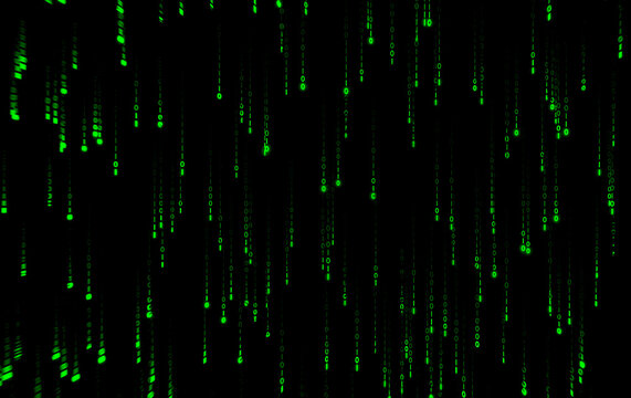Glowing green binary code overlay on black background, digital data stream, futuristic matrix style, computer screen, cyber technology, programming concept, cyberpunk theme, hacker aesthetic - Powered by Adobe