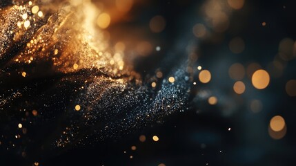 Naklejka premium Abstract golden and black swirling patterns with shimmering particles creating a mystical atmosphere
