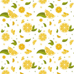 Cute Simple yellow seamless pattern with lemons, leaves. On white background.