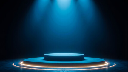 Modern blue stage with neon light circles and glowing platform for creative events or futuristic presentation