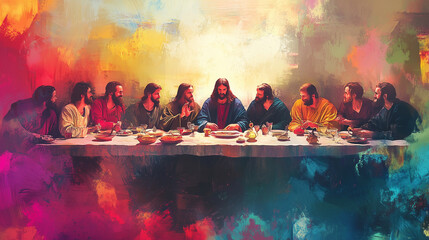 The Last Supper: A Watercolor Biblical Illustration Depicting Jesus and His Disciples on Maundy Thursday from the New Testament
