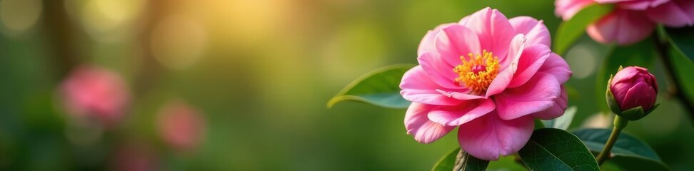 Pink camellia flowers in full bloom with greenery, sunlight, flowers