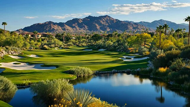 Serene Golf Course View with Lake, Sand Traps, and Majestic Mountain Backdrop