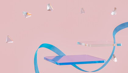 Floating transparent platforms with blue ribbon on pink background for modern product display, empty podium, abstract geometric shapes, creative placement, pastel color