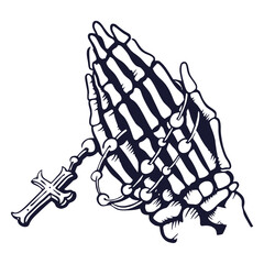 Devotion in Bone: An intricate illustration portrays a skeleton's hands clasped in prayer, cradling a rosary with a symbolic cross, embodying themes of faith and mortality.
