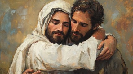 Obraz premium Compassionate Embrace: Jesus Christ offering comfort and solace to a grieving man, depicted in a tender, hopeful oil painting. A powerful image of 