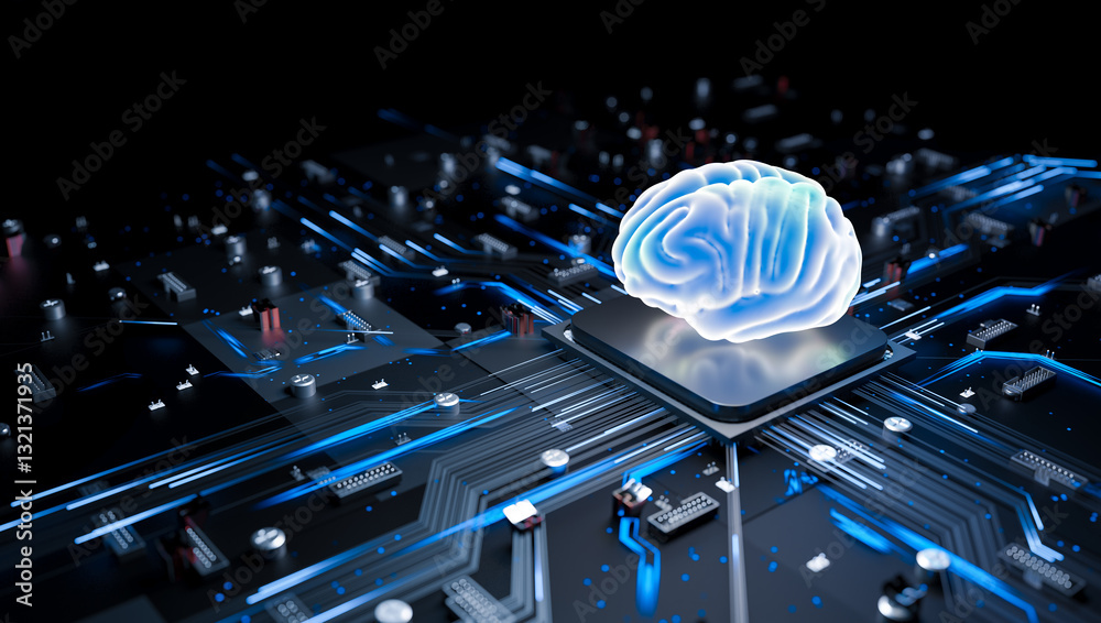 Poster artificial intelligence brain on microchip with blue circuits, futuristic neural processor, 3d illus