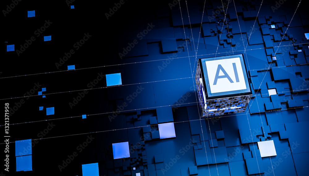 Poster futuristic ai chip glowing blue digital cube technology circuit board innovation processor intellige