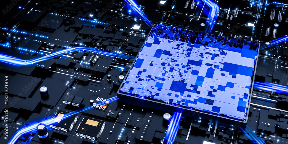 Poster powerful ai processor on futuristic circuit board, advanced microchip technology, digital background