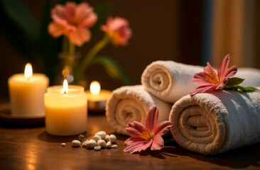 serene spa background stones and candles , water, flowers and steam, natural light, tranquil atmosphere for relaxation and meditation