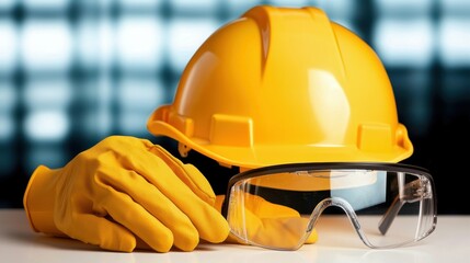 Safety gear essentials yellow hard hat and safety glasses for construction workers in industrial environments