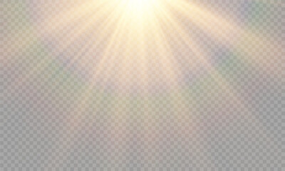 Vector transparent yellow sunlight lens flare effect. Radiant sun rays. Warm glow. Natural glare. High-quality light burst for design and photo overlay. 