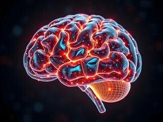 An artificial intelligence brain hologram, representing machine learning and data processing