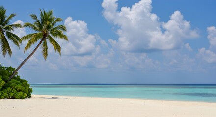 Fototapeta premium Idyllic Tropical Beach Paradise with Palm Trees, Turquoise Water and Clouds