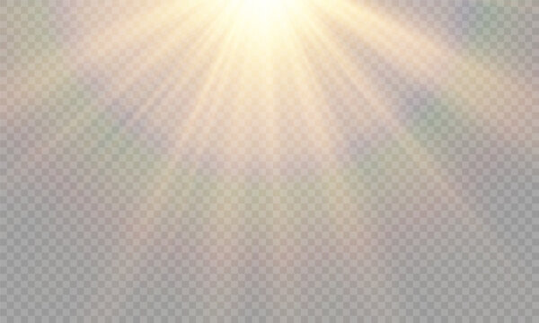 Vector transparent yellow sunlight lens flare effect. Radiant sun rays. Warm glow. Natural glare. High-quality light burst for design and photo overlay.	