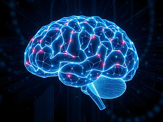 An artificial intelligence brain hologram, representing machine learning and data processing