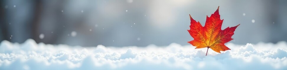 Obraz premium Single delicate maple leaf on a snowy background, single leaf, winter, white background