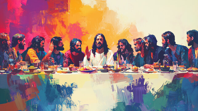 The Last Supper: A Watercolor Biblical Illustration Depicting Jesus and His Disciples on Maundy Thursday from the New Testament

