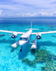 Naklejka premium Seaplane floats on vibrant turquoise water under a bright sky