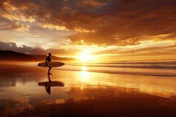 Surfer walking along the beach at sunset reflecting on tranquil waves and golden sky