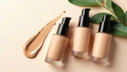 Obraz premium Foundation bottles different shades with smeared samples show variety. Green leaves add nature touch to cosmetic scene. Liquid elegant texture, tinted skincare, earthy presentation, makeup promo.