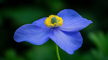Close up of a vibrant blue flower with a yellow center against a dark green background. The petals show a textured surface, possibly from water droplets.