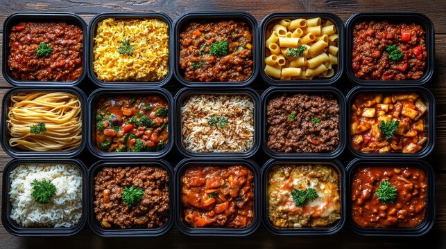 A selection of frozen ready meals featuring an assortment of dishes including lasagna, curry, and stir-fries, displayed from an overhead perspective in a neat arrangement