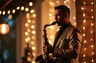 Saxophonist performs under festive lights in golden sparkling suit. Musician plays jazz music on saxophone at celebration event. Elegant performance creates joyful party atmosphere.