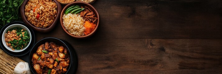 A beautifully arranged selection of rice dishes, showcasing a variety of colors and textures, enriched by an array of fresh ingredients representing diverse culinary traditions.