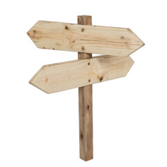 Wooden directional signpost, rustic design with two arrows pointing opposite directions, ideal for guiding or decorating outdoors. Isolated on white background or PNG