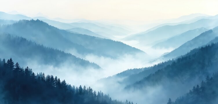 Watercolor illustration of mountain landscape with fog. Panoramic view layers mountains with forest in blue mist. Serene nature scenery background for calm positive vibe, zen mood.